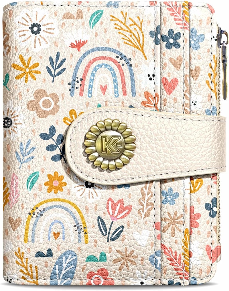 Kelvoris Rainbow Flower Floral Small Rfid Women Wallet Bifold Zipper Coin Pocket PU Leather Compact Cash Credit Card Holder Travel Wallet for Female Ladies Teen Girls 1 ID Window 10 Card Slots - Image 1